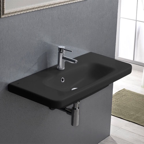 Rectangle Matte Black Ceramic Wall Mounted Sink or Drop In Sink CeraStyle 033307-U-97